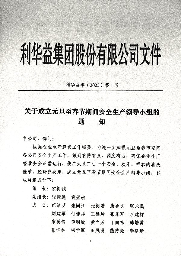 关于成立元旦至春节期间安全生产领导小组的通知