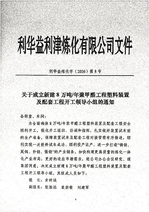关于成立新建8万吨/年聚甲醛工程塑料装置及配套工程开工领导小组的通知