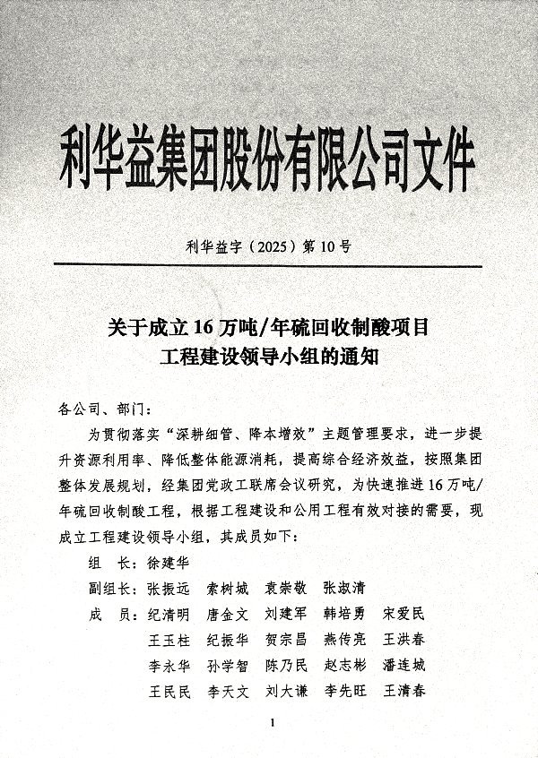 关于成立16万吨/年硫回收制酸项目工程建设领导小组的通知