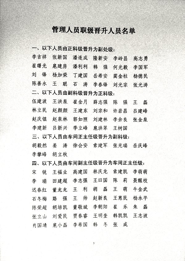 关于对部分管理人员职级予以晋级的通知