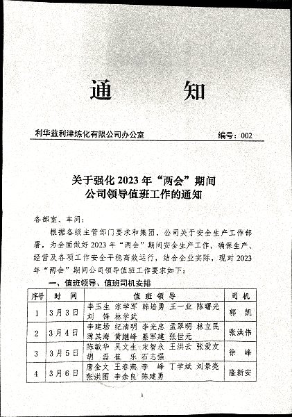 关于强化2023年“两会”期间公司领导值班工作的通知