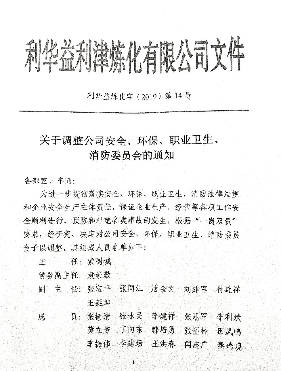 关于调整公司安全、环保、职业卫生、消防委员会的通知