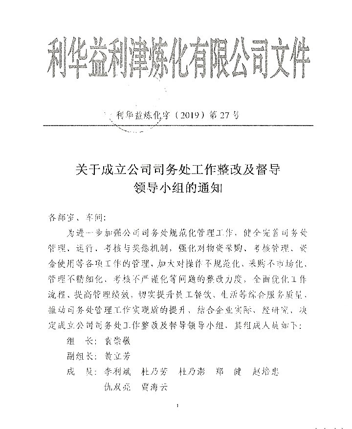成立公司司务处工作整改督导领导小组的通知