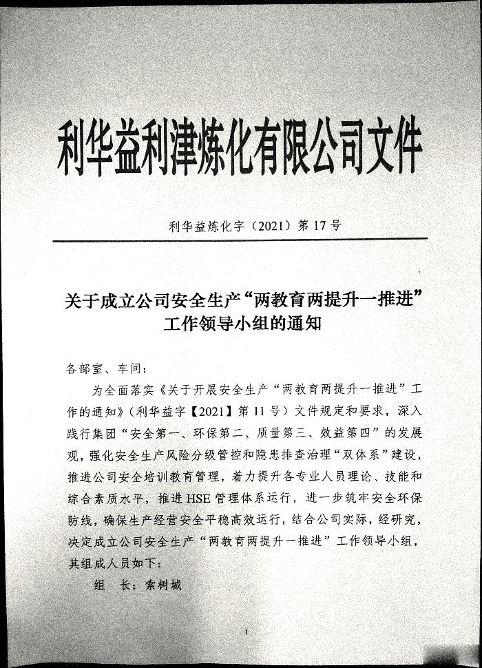 关于成立公司安全生产“两教育两提升一推进”工作领导小组的通知
