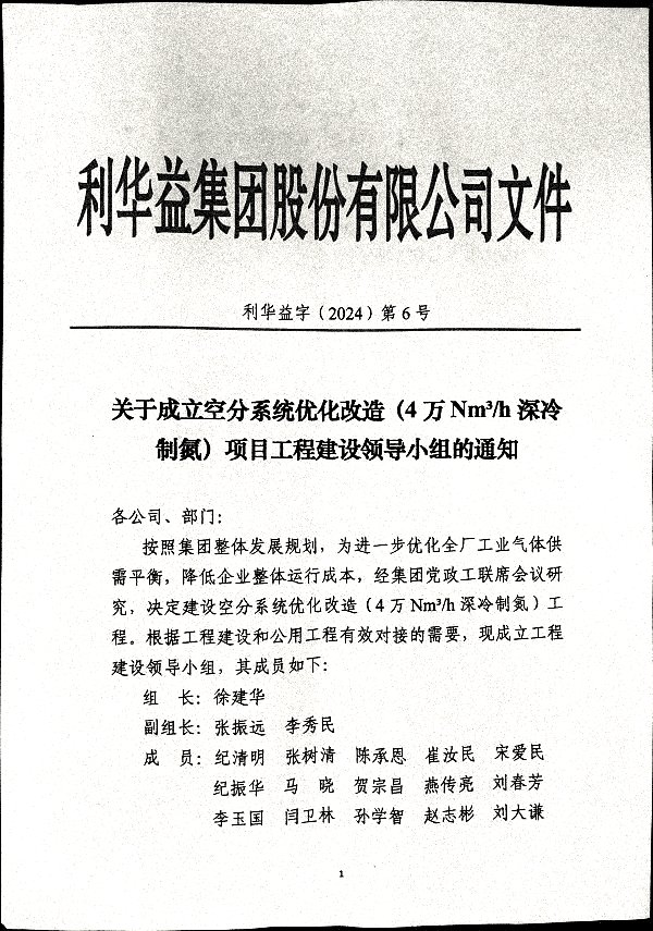 关于成立空分系统优化改造(4万Nm/h深冷制氮)项目工程建设领导小组的通知